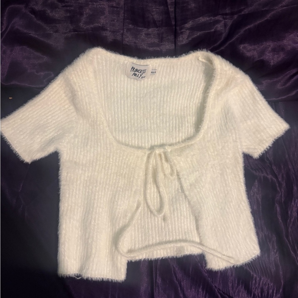 Princess Polly White Super Soft Knit Tie Cropped Short Sleeve Cardigan XS/S